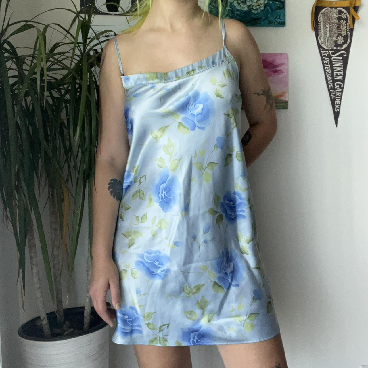 sky blue floral satin slip dress this pastel dress... - Depop