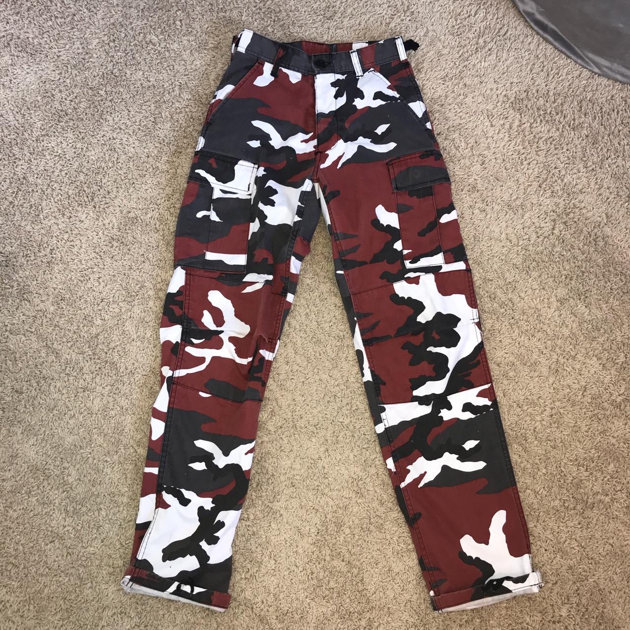 red black and white camo pants