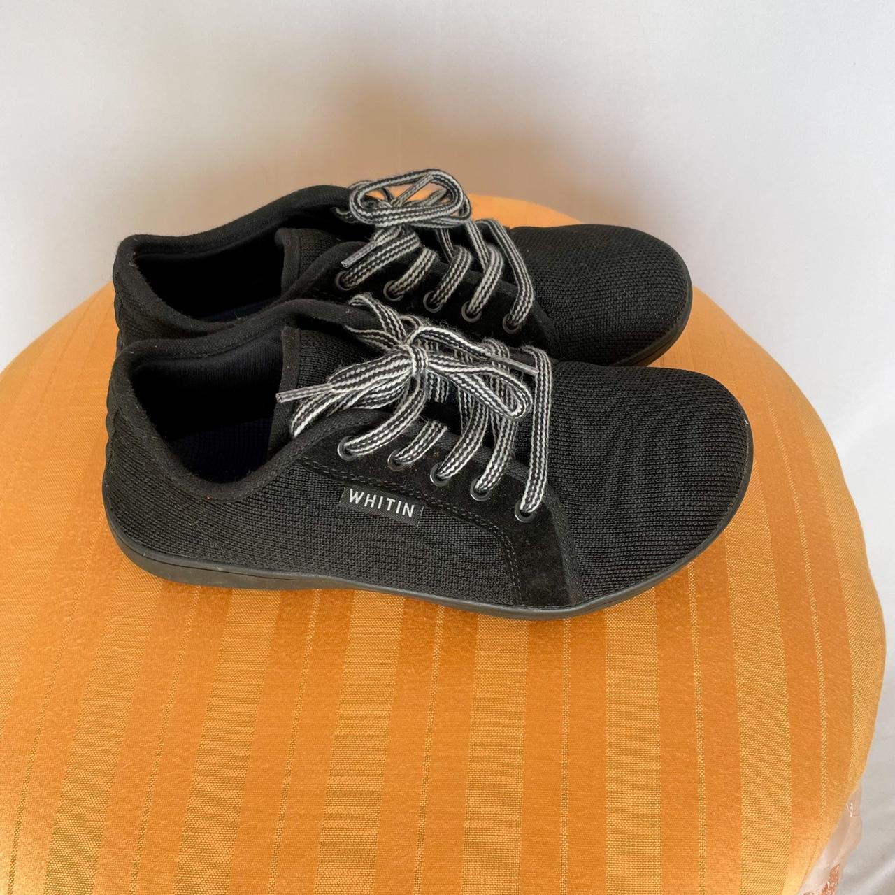 Black square toe sneakers. Has checkered white laces... Depop