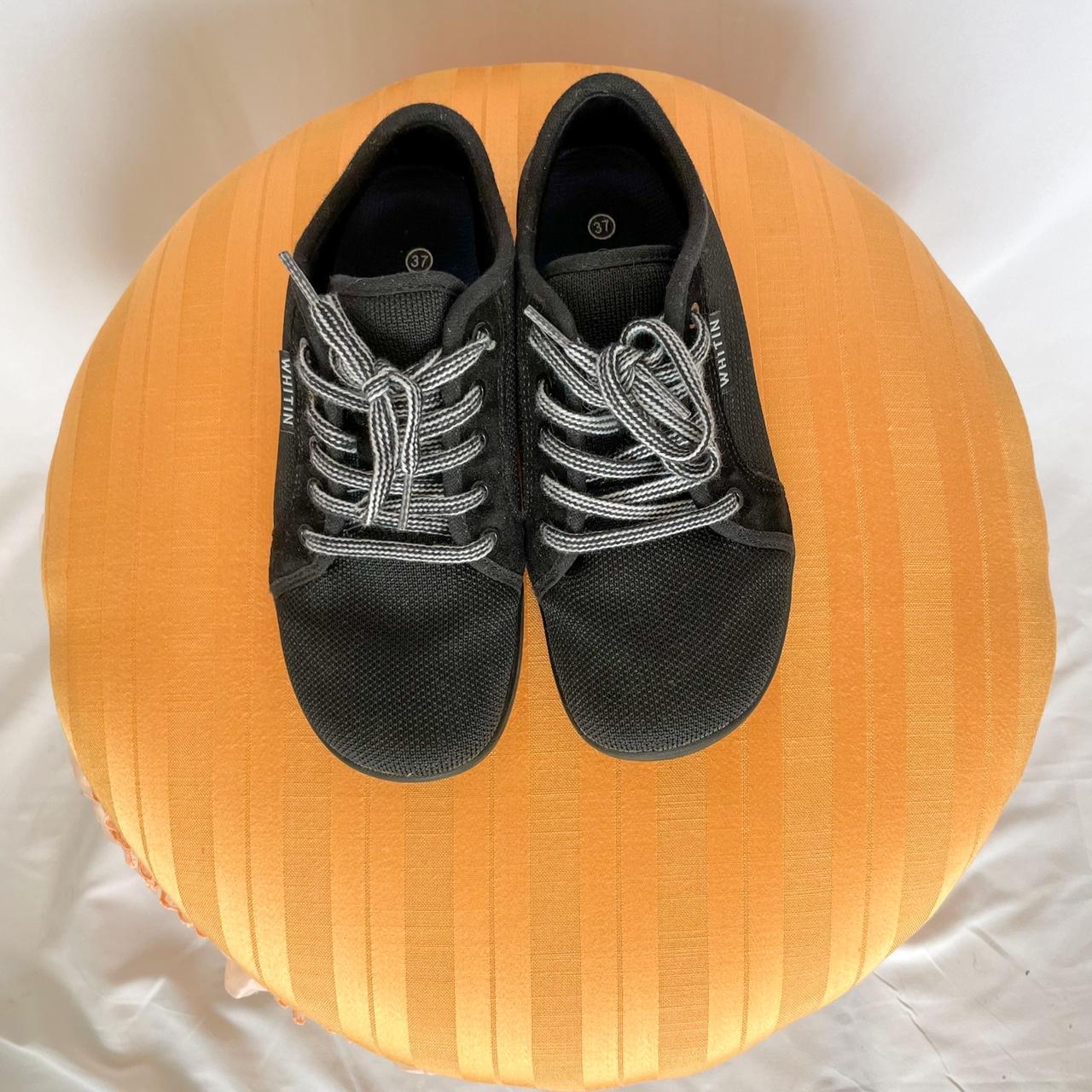 Black square toe sneakers. Has checkered white laces... Depop