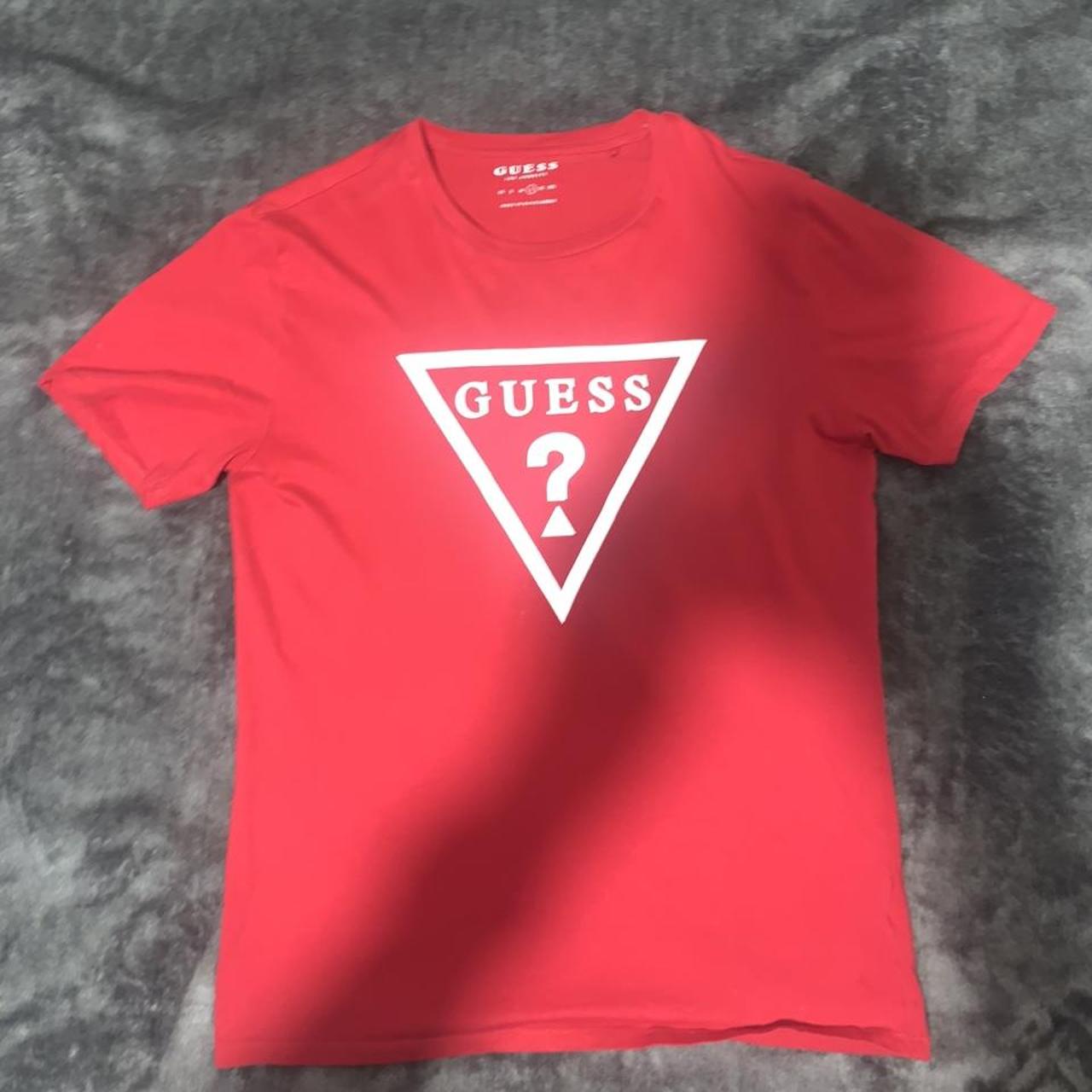 Guess Red reflective tee shirt • Men's size large... - Depop