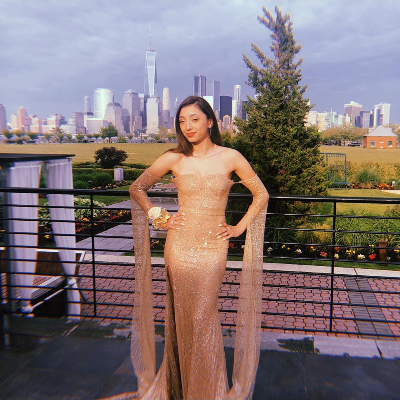 Gold Jocelina Off the Shoulder Cape Gown Depop