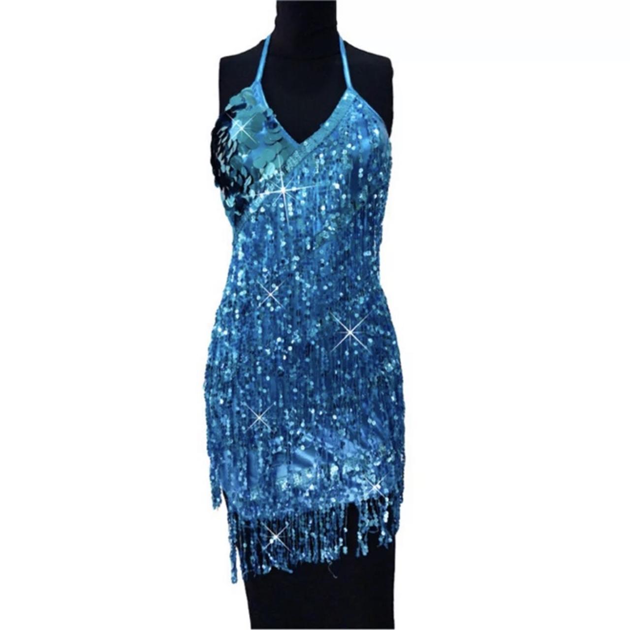 Blue sequin dress ONE SIZE will fit from 8-12 slight... - Depop