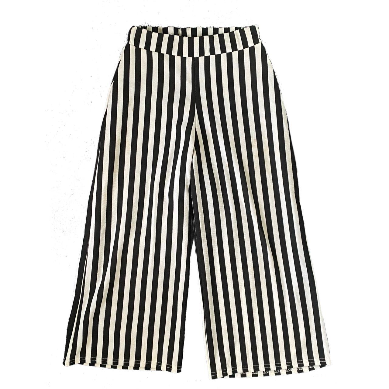 black and white pinstriped wide leg trousers size uk... - Depop