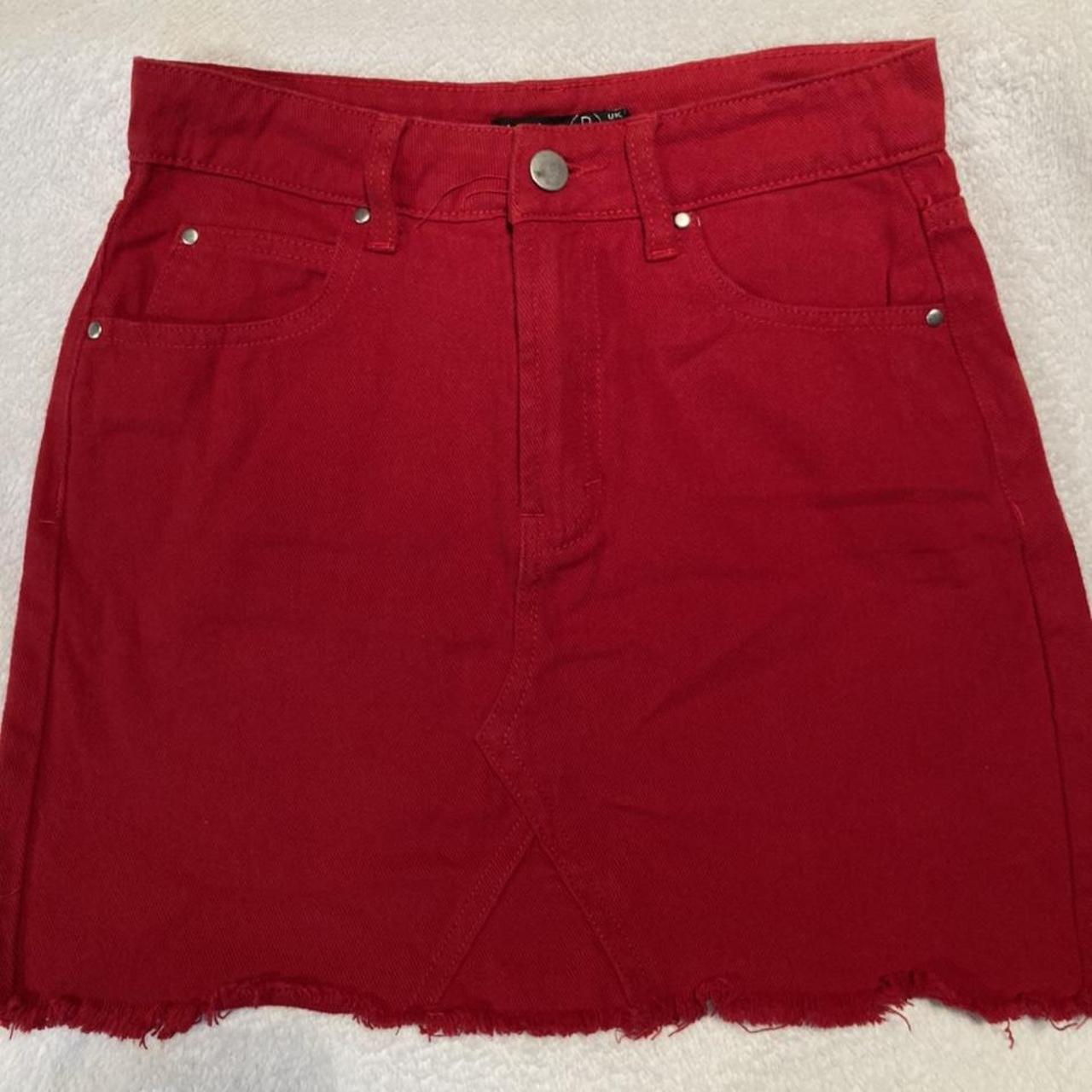 Cute red denim a-line skirt. Perfect condition. Size... - Depop