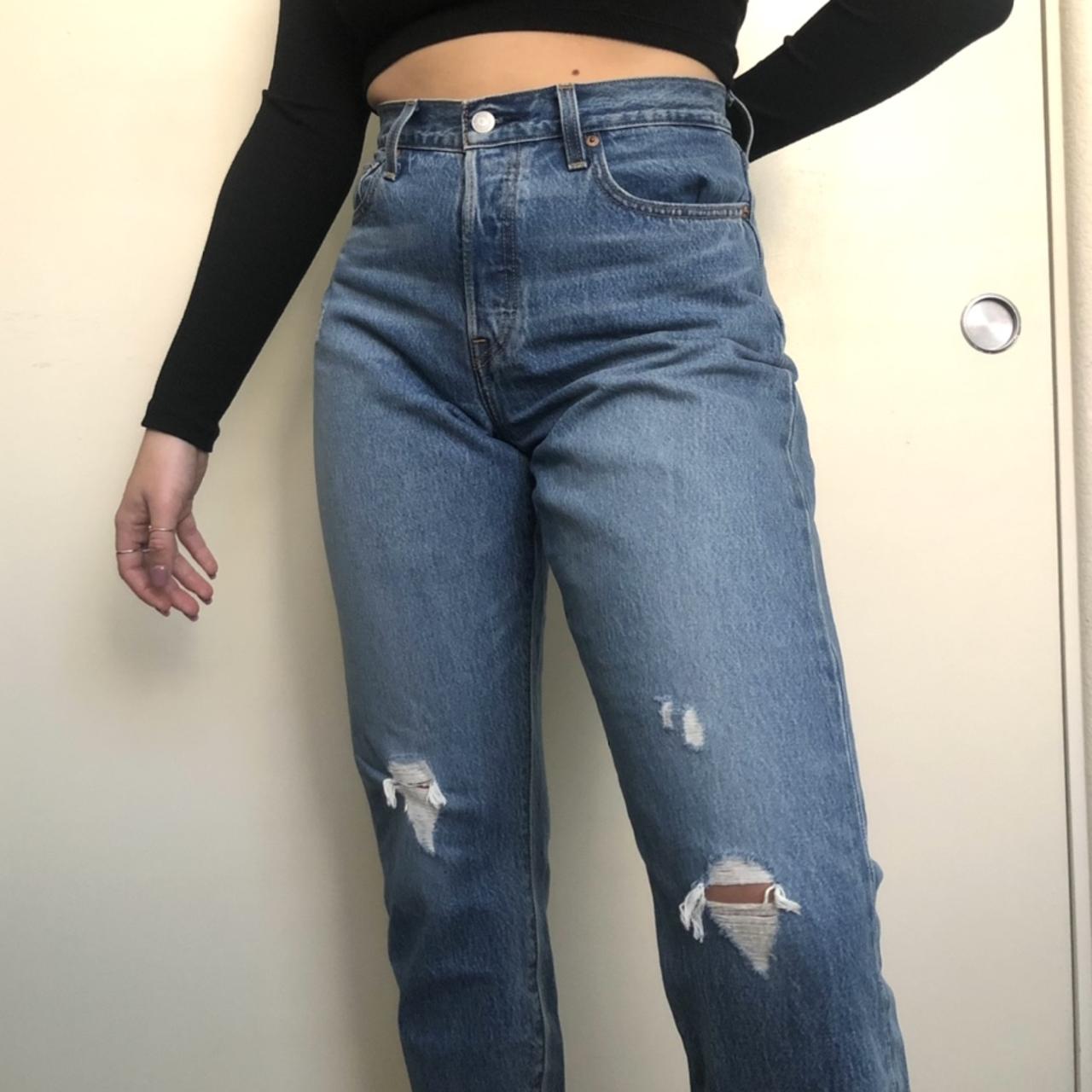 Levi’s Wedgie jeans medium blue with rips in... - Depop