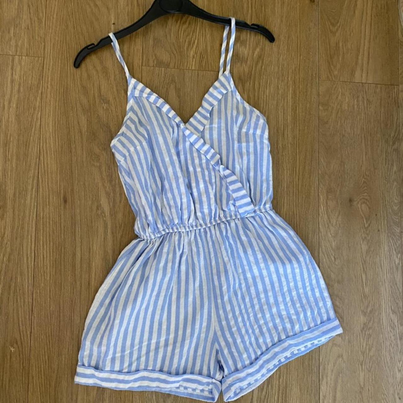 Blue and white striped playsuit. In a size small.... - Depop