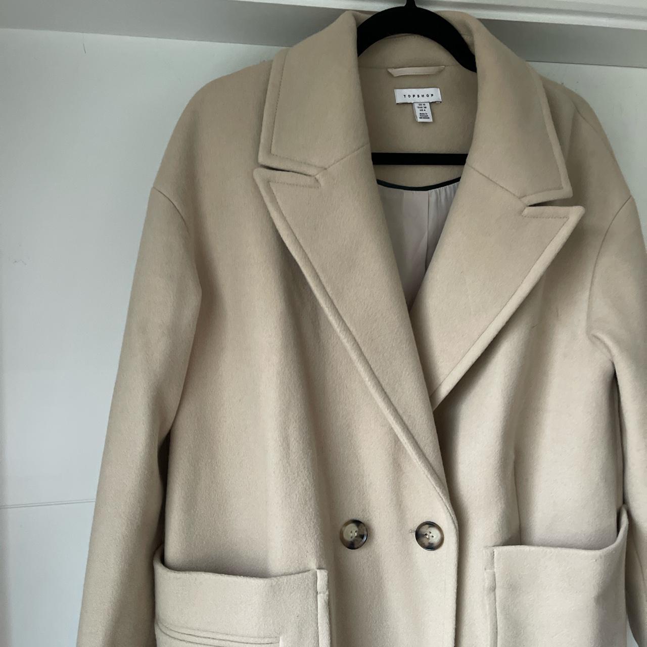 Cream Wool Coat with button cross over front... Depop