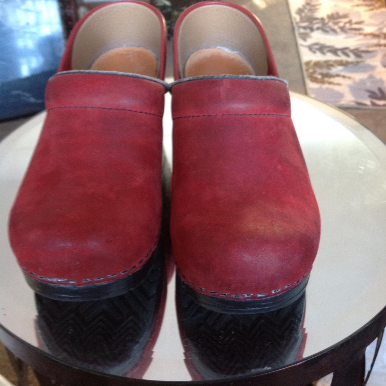 dansko red patent leather clogs
