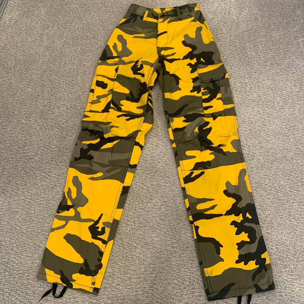 Yellow and black high waisted camo cargo pants... - Depop