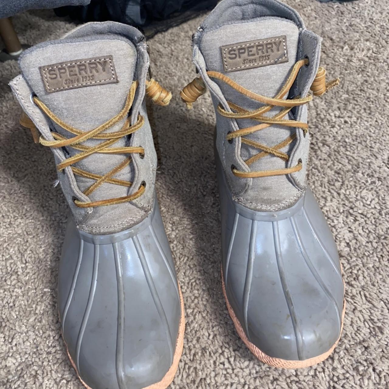 pink and gray sperry duck boots