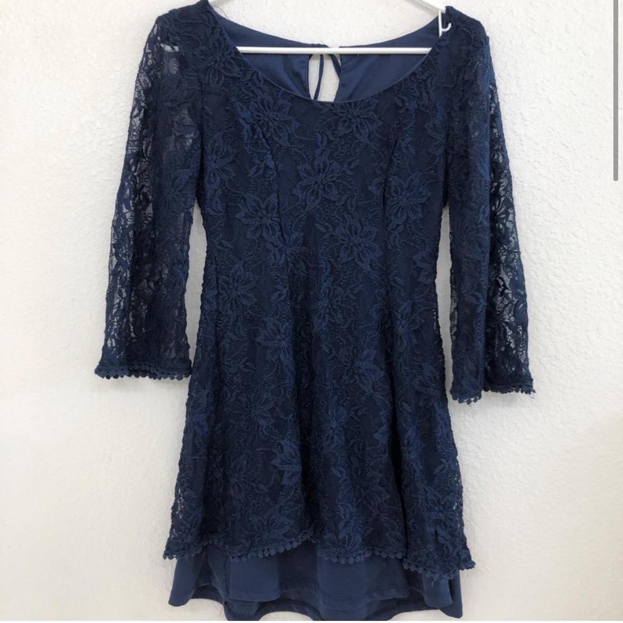 Navy Blue Lace Baby Doll Long Sleeve Fit and Flare... - Depop