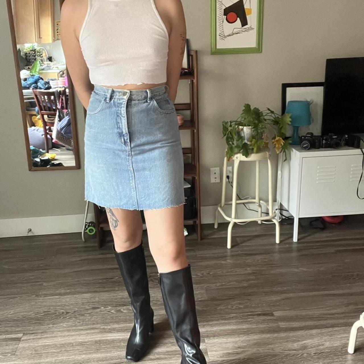 Vintage cutoff guess denim skirt, light wash denim... Depop