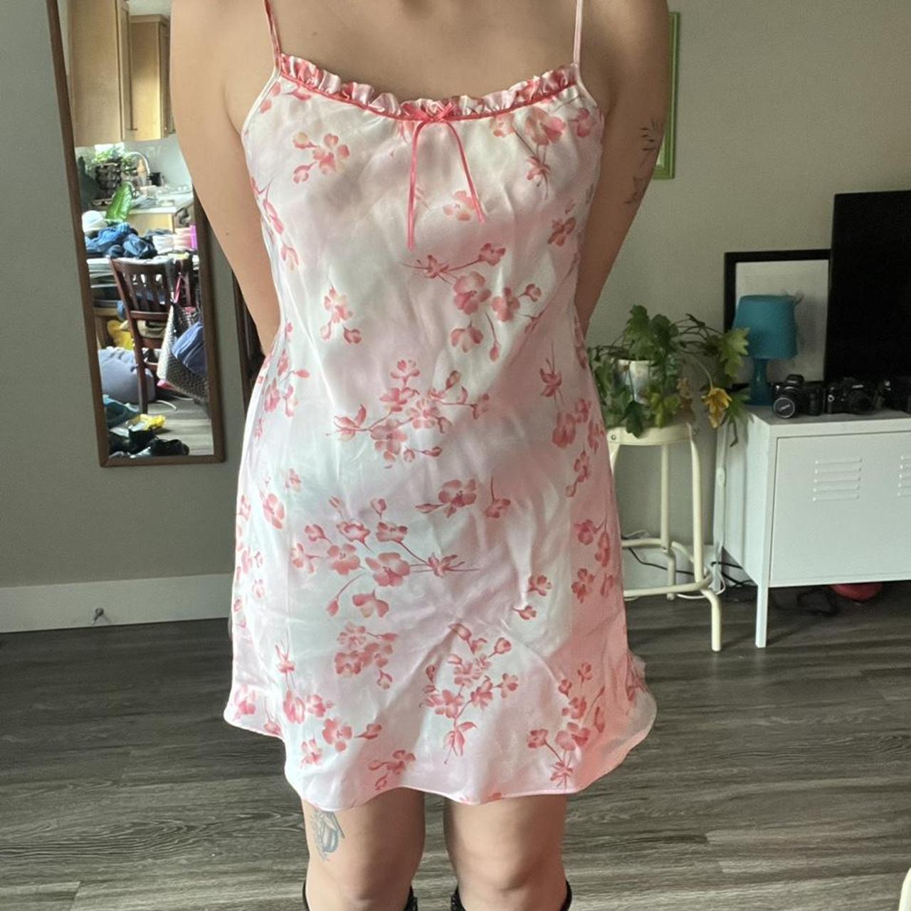 Silk pink mini dress, labeled size small but fits... - Depop