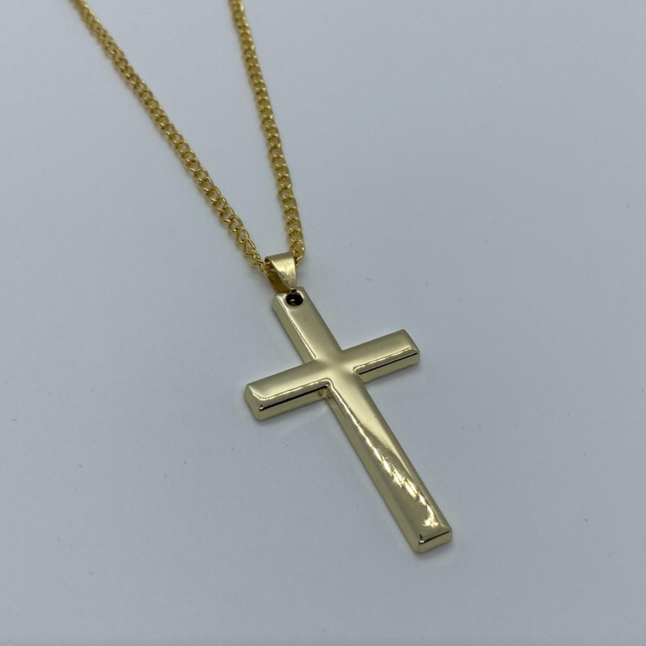 Cross pendant crucifix Gold stainless steel + chain... - Depop