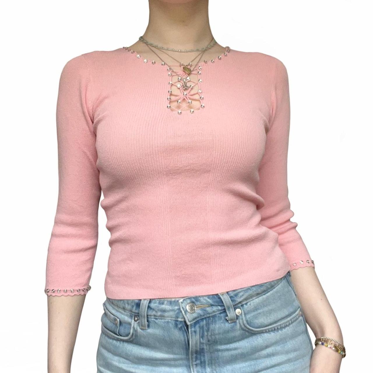 Super pretty pink y2k top with 3/4 length sleeves... Depop