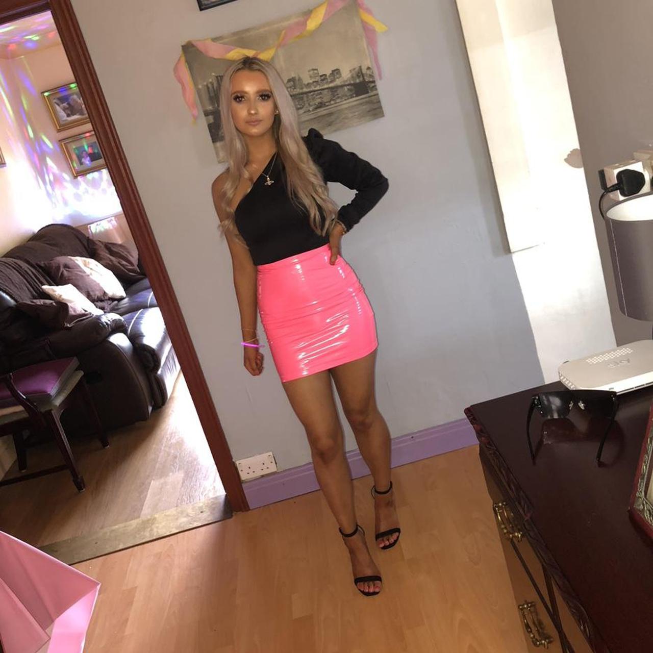 Oh Polly hot pink vinyl skirt worn once x #ohpolly... - Depop