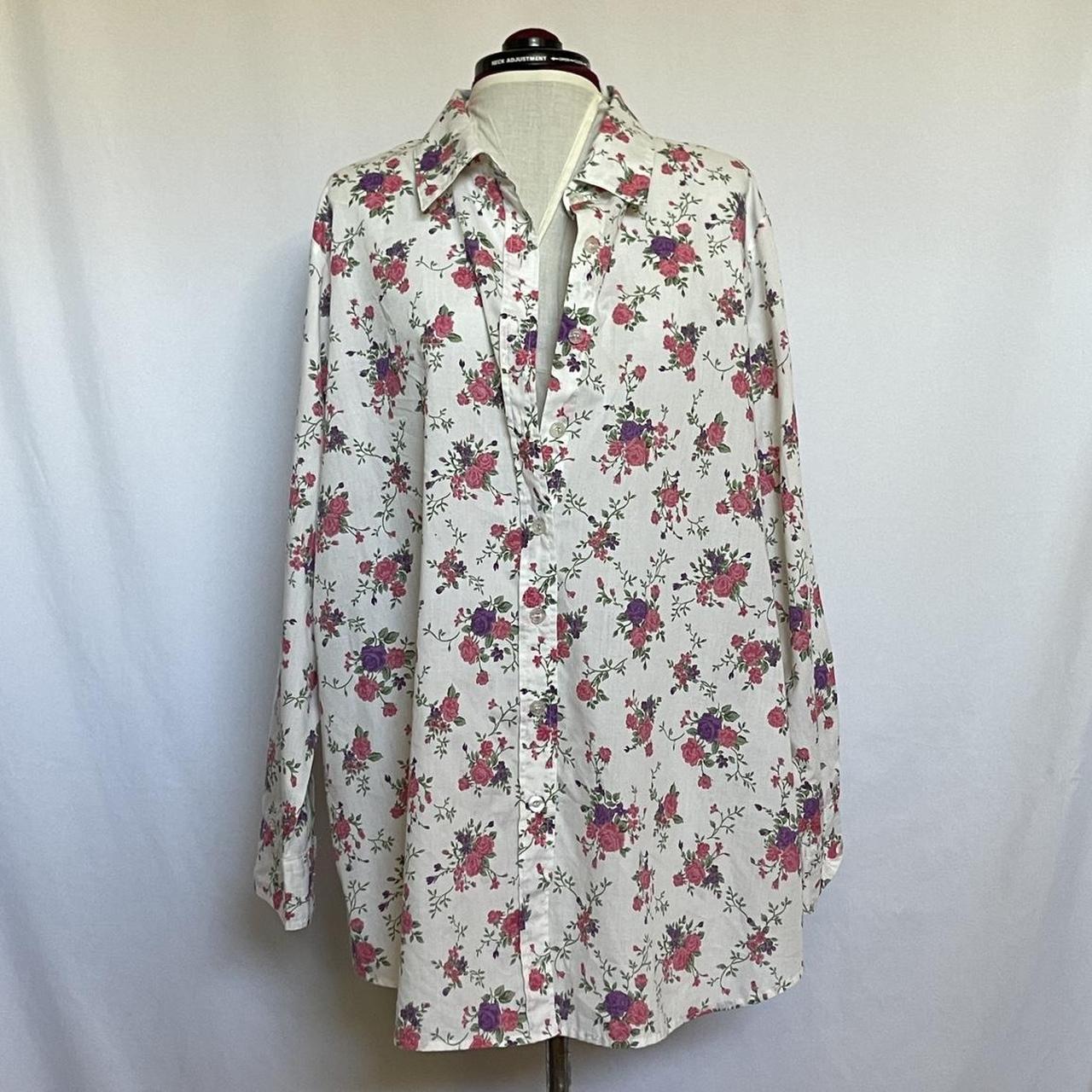 pink + purple floral rose print button up shirt... - Depop