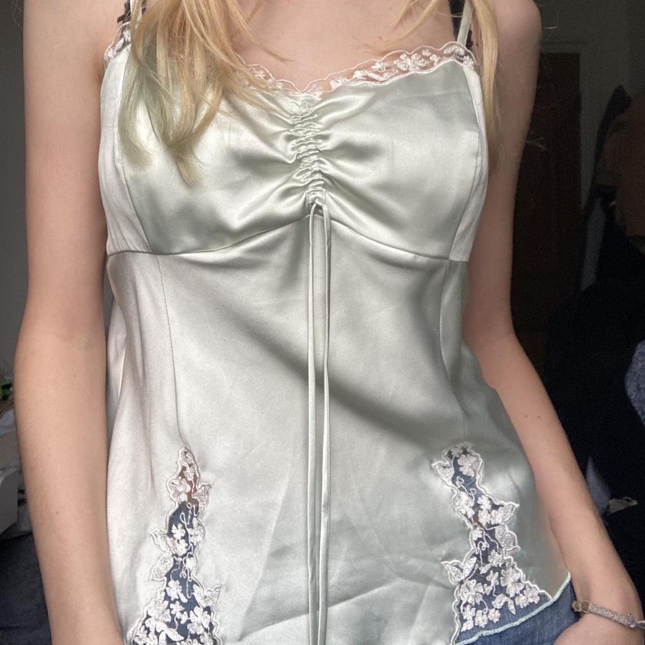 satin mint green vest top with lace and beads the... Depop