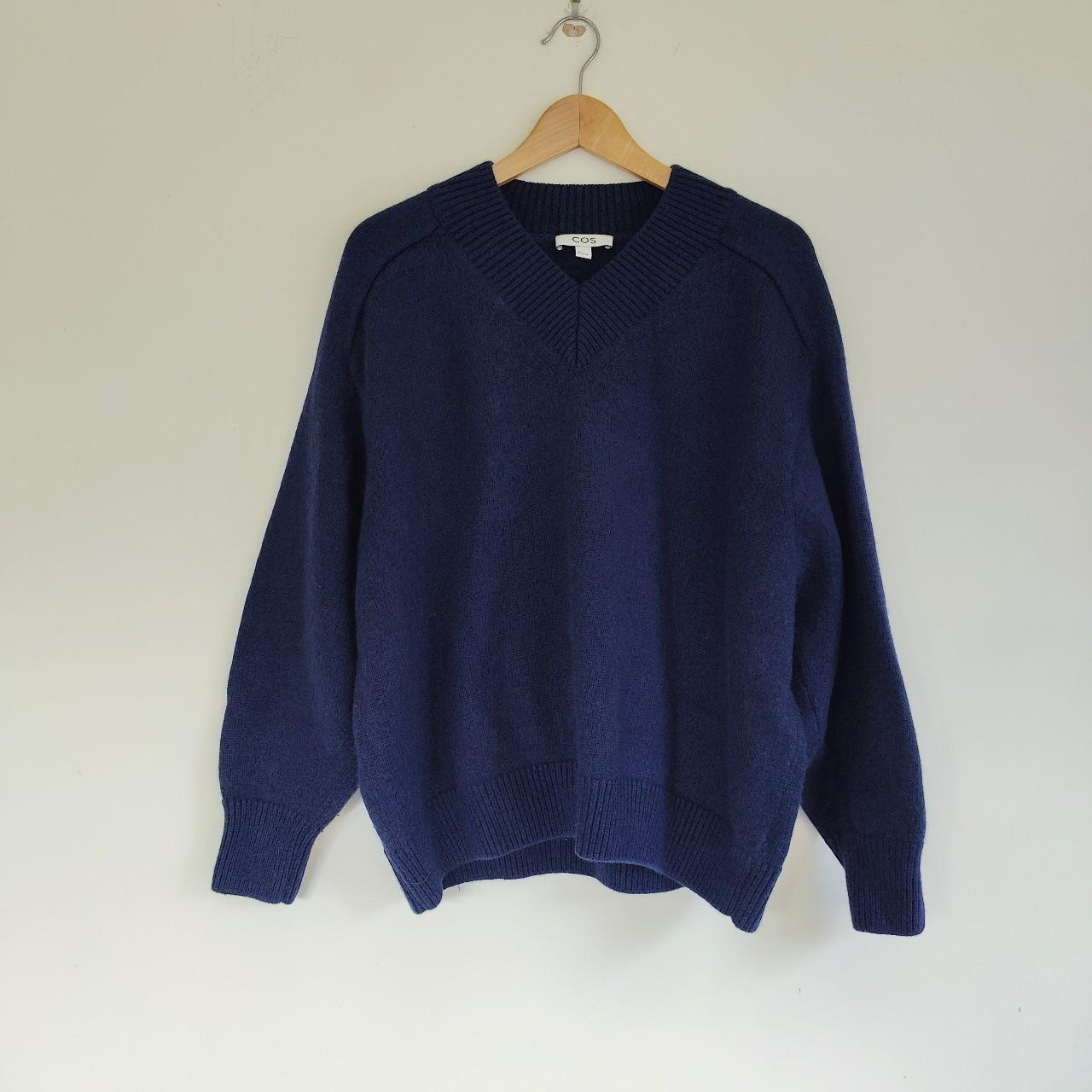 Cos navy blue oversized v neck knitted jumper 100%... - Depop