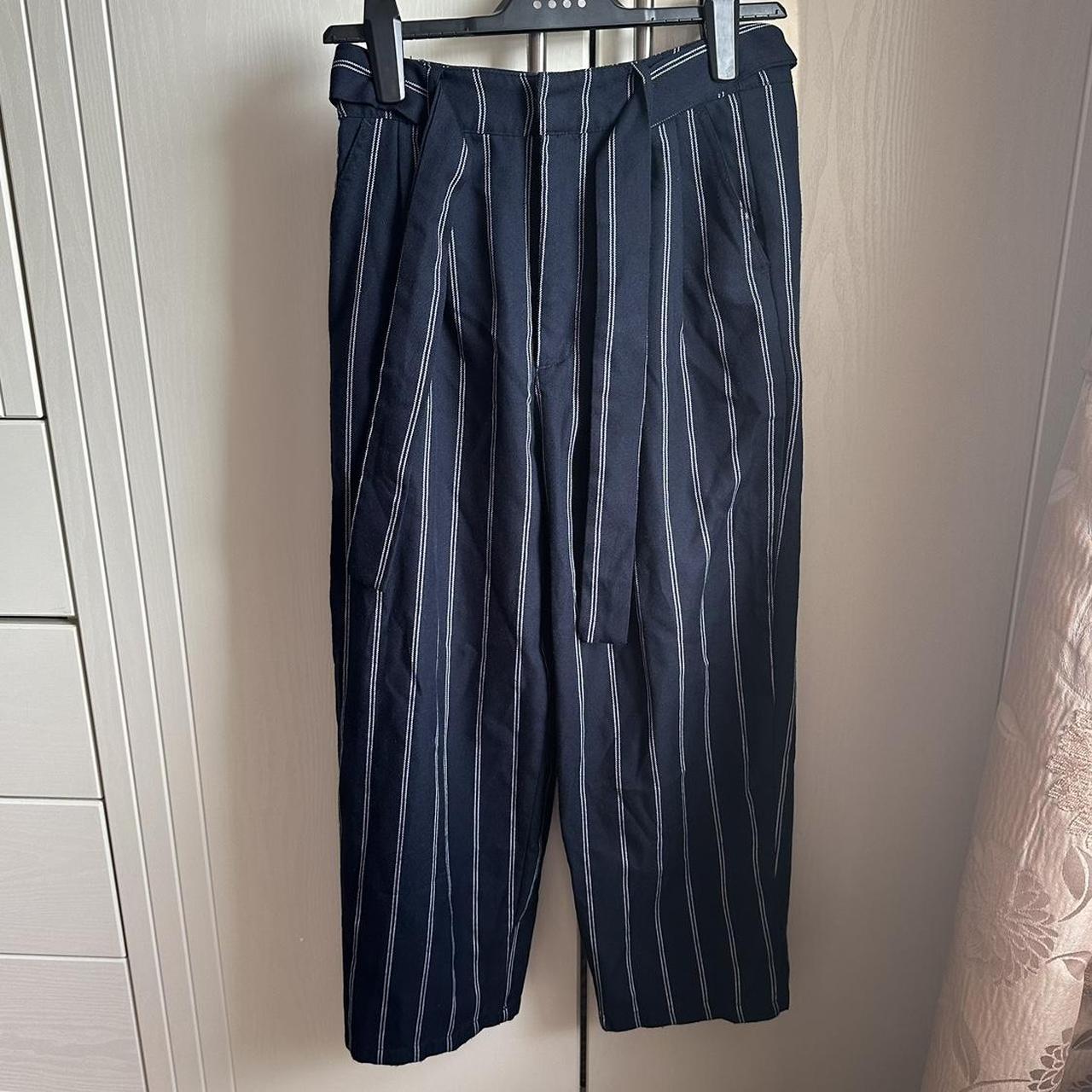 Dark blue tie waist striped trousers - Depop