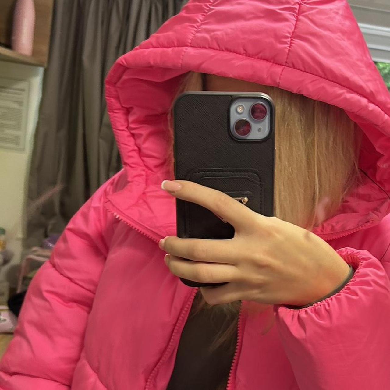 Bright pink cropped puffy coat Size XS Barely... - Depop