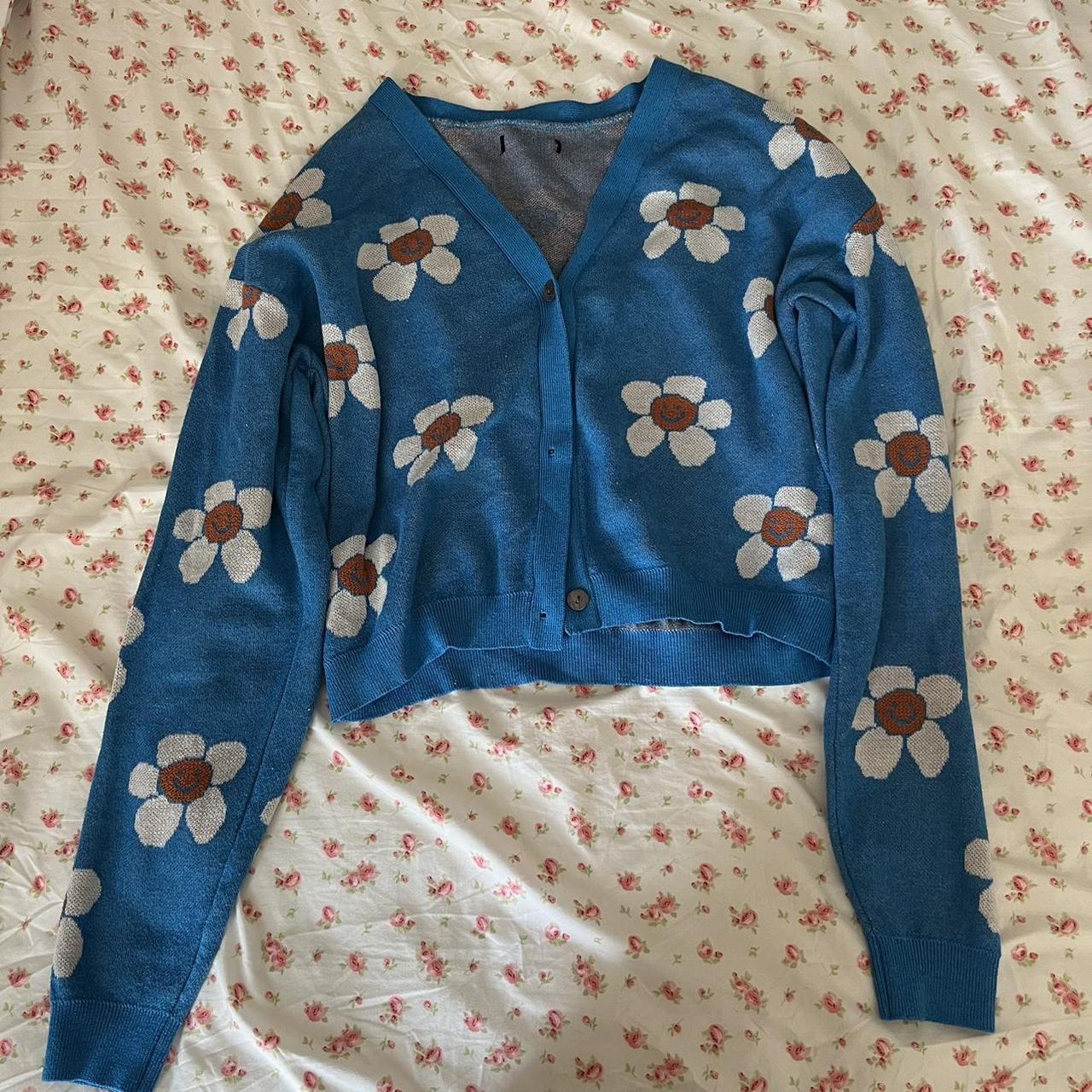 blue smiley face flower sweater cardigan🦕 not sure... - Depop