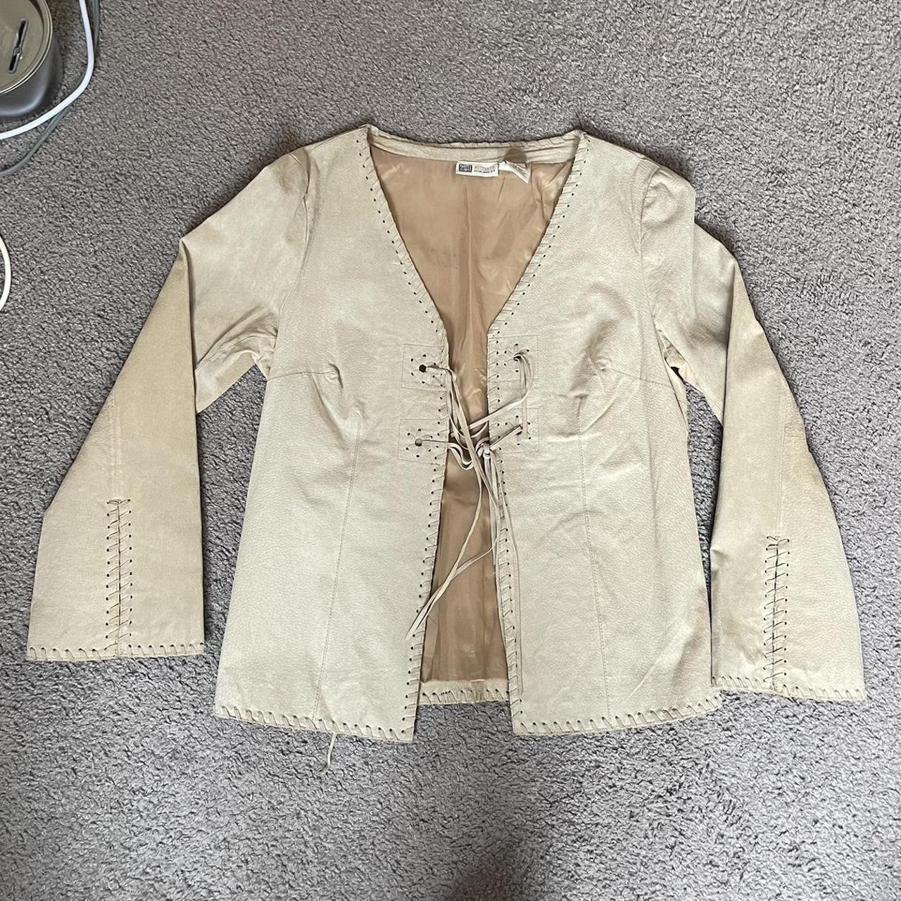 Faded Glory 100% leather jacket Ties in the front... - Depop