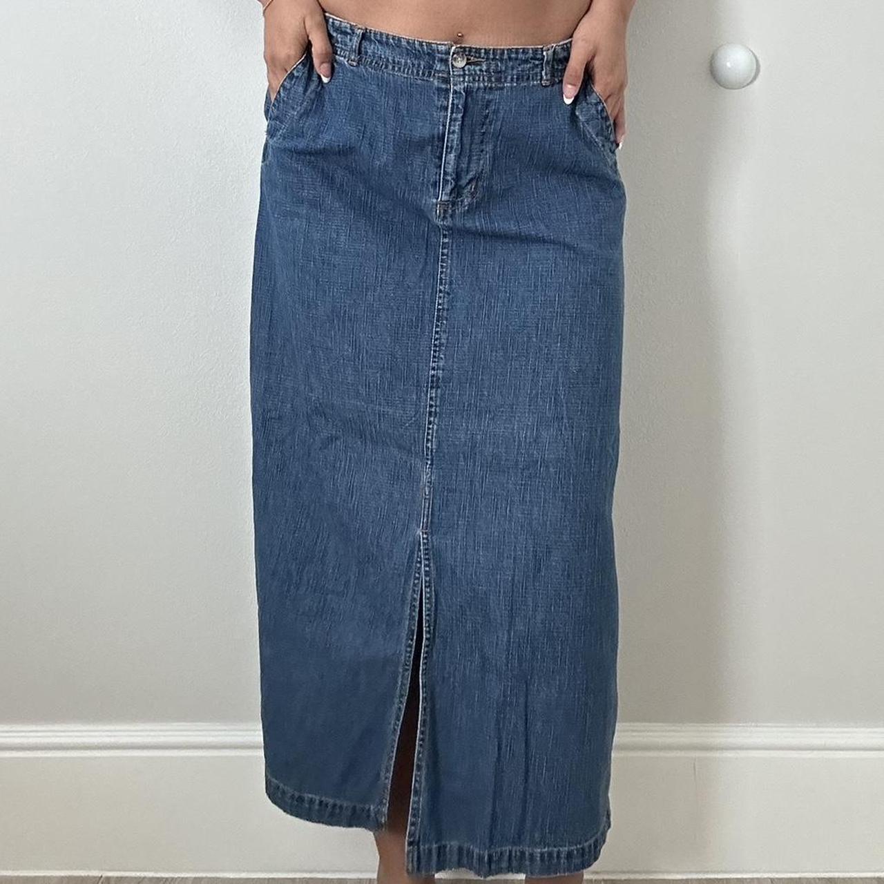 💋Y2K MAXI JEAN SKIRT💋 blue denim maxi white stag... - Depop