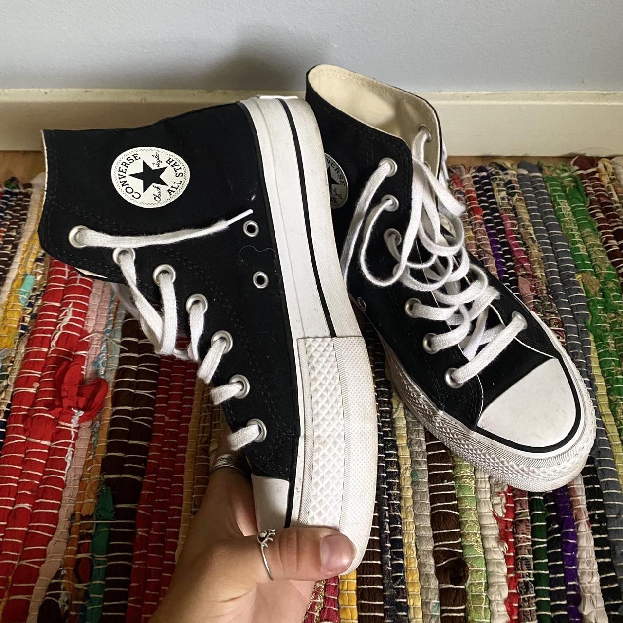 converse black and white platform high top... - Depop