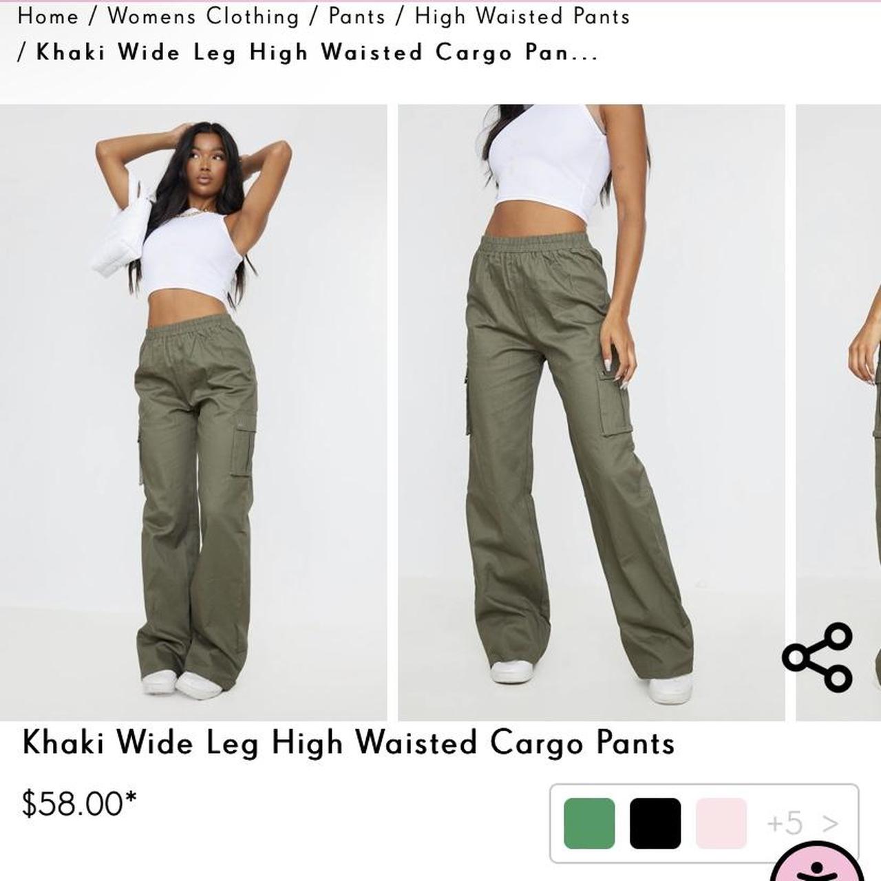 Khaki Wide Leg High Waisted Cargo Pants