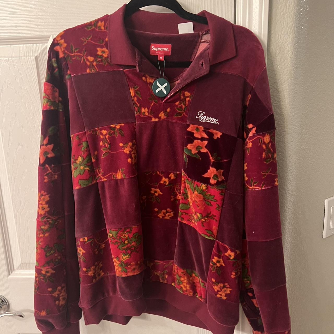 SUPREME Floral Patchwork Velour L/S Polo... - Depop