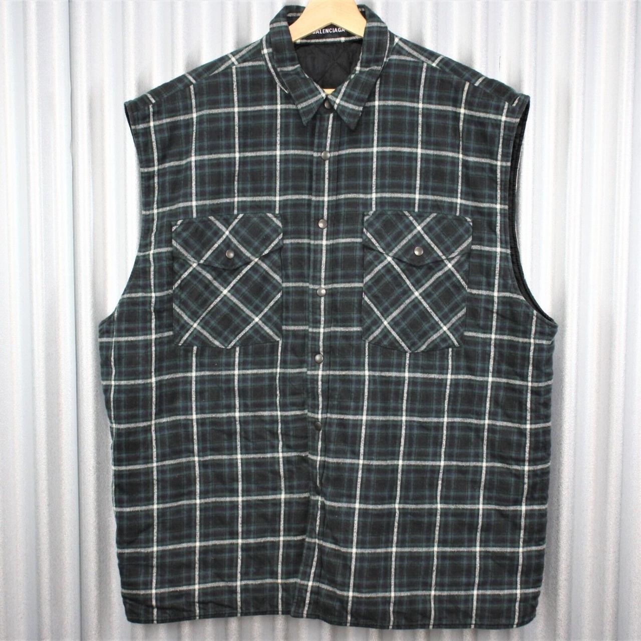 Balenciaga Two Pocket Collared Green Flannel Vest... - Depop