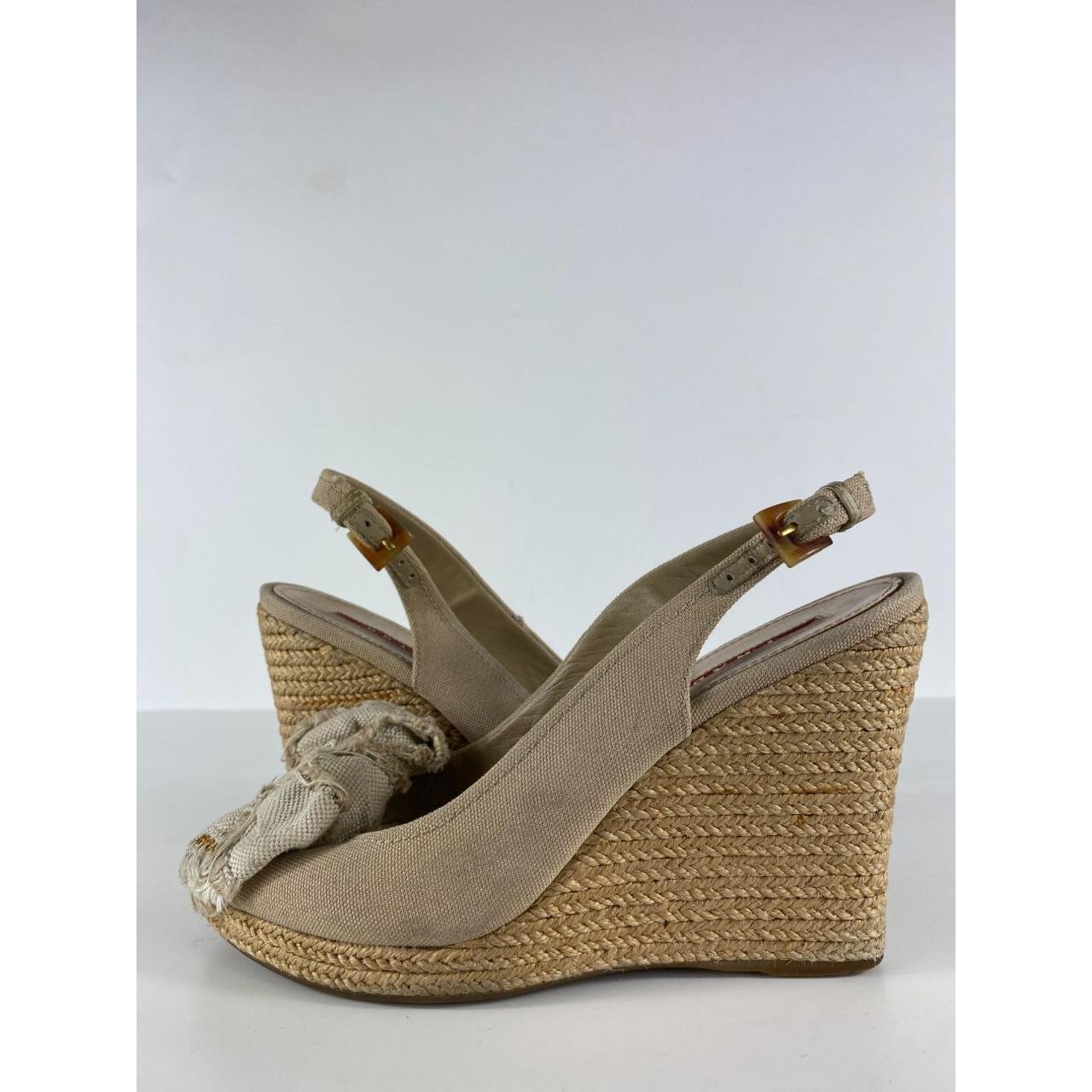 Prada Beige Canvas Bow Peep Toe Espadrille Wedge... - Depop