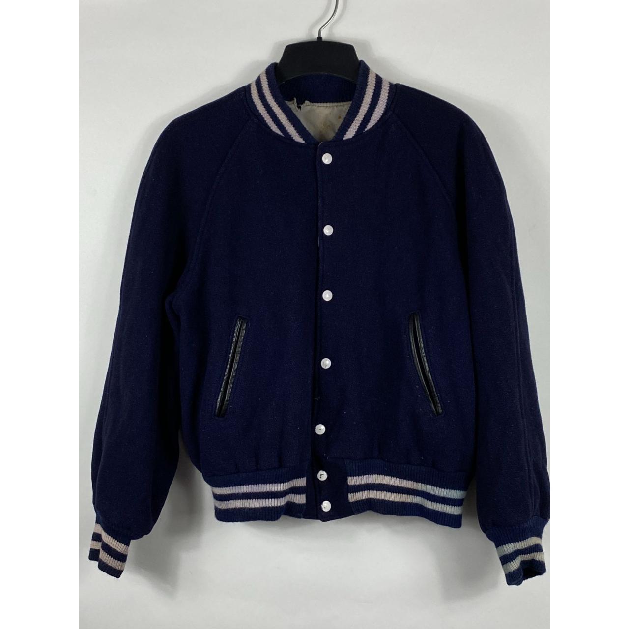 VNTG Hatchers Snap Button Plain Varsity Jacket Navy... - Depop