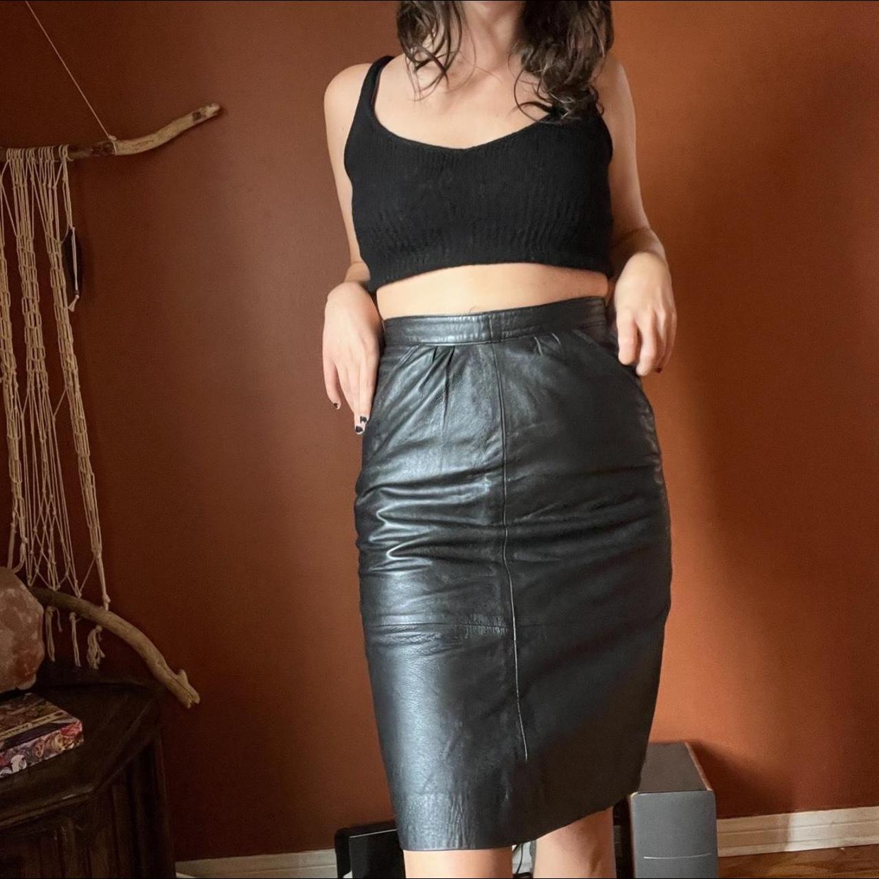 Vintage Leather Knee Length Skirt Black... - Depop