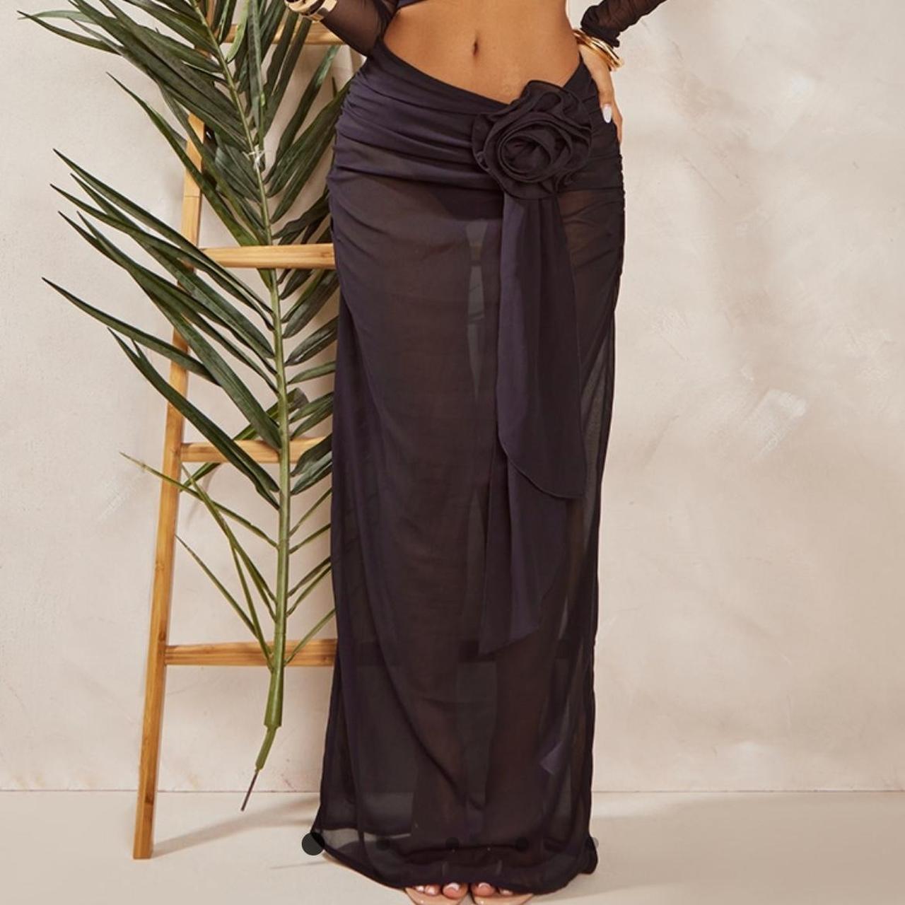 PLT petite black mesh maxi skirt with flower detail