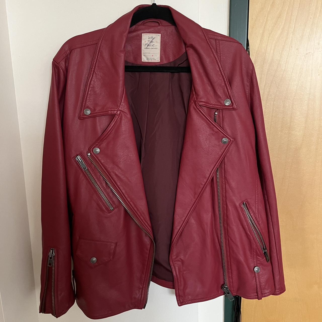Red leather moto jacket - Depop