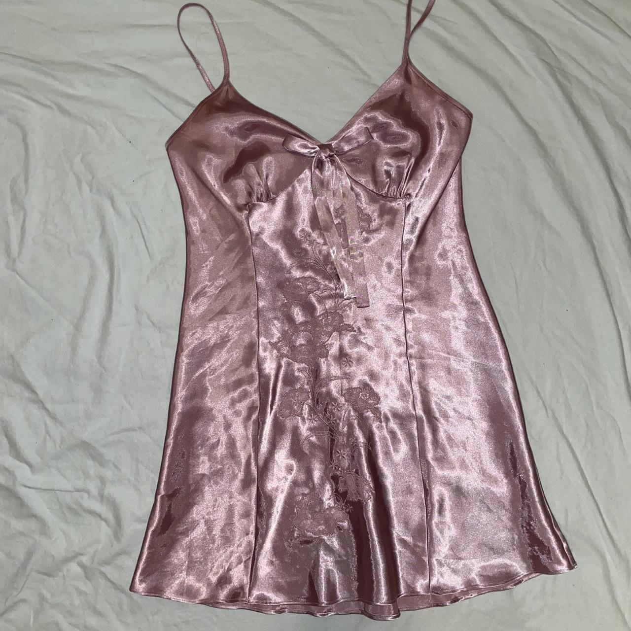 adorable baby pink satin slip dress! the bow detail... - Depop