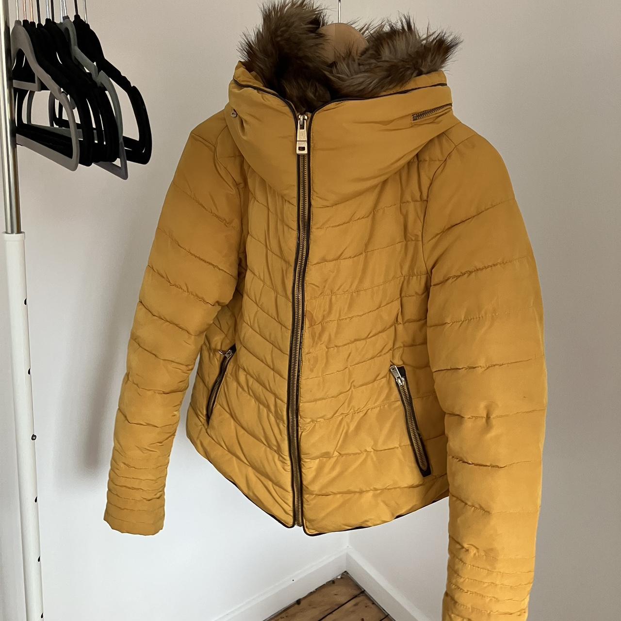 Zara Womans Yellow/Mustard - Puffer Fur Lined Coat... - Depop