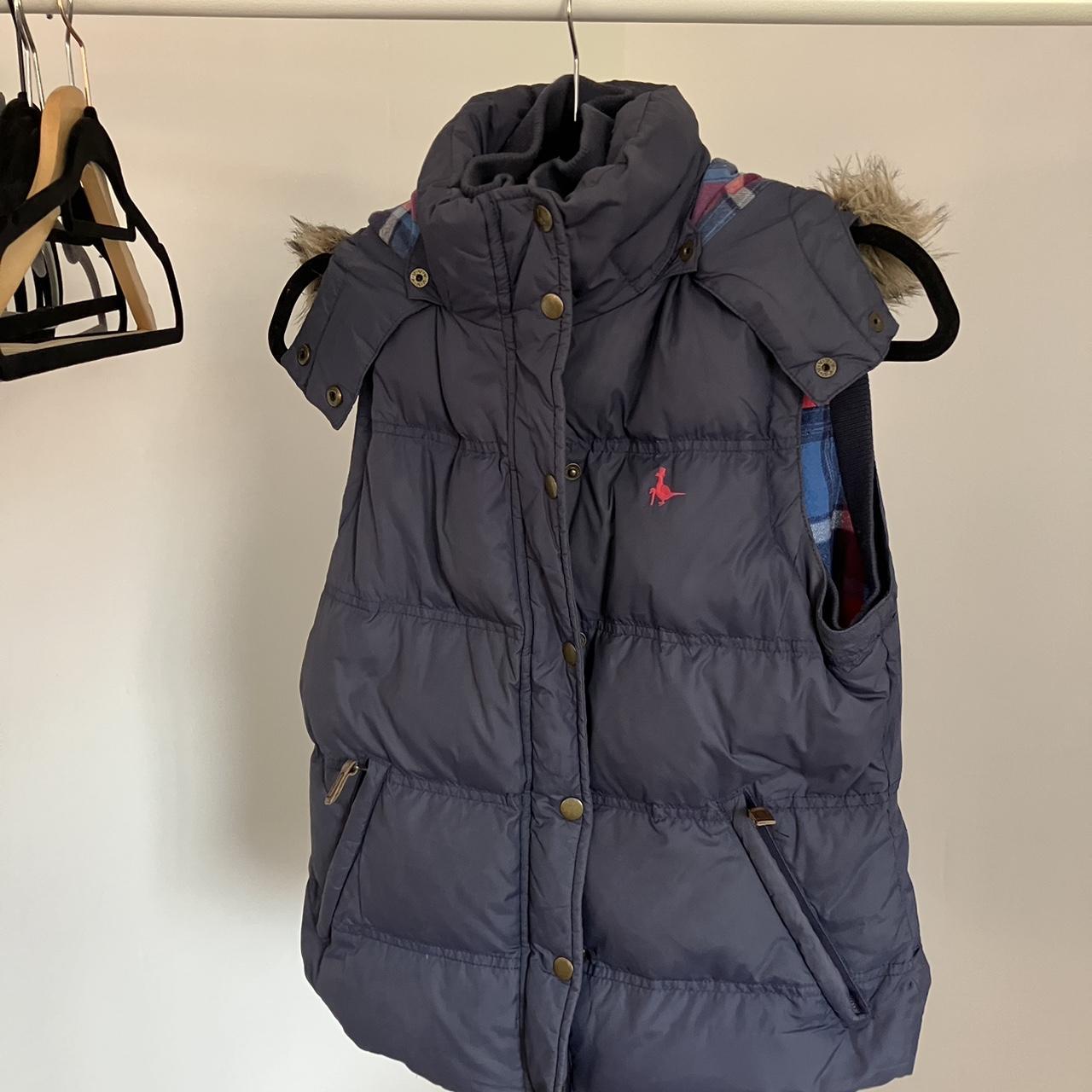 Navy Jack Wills gilet with hood and fur around hood,... Depop
