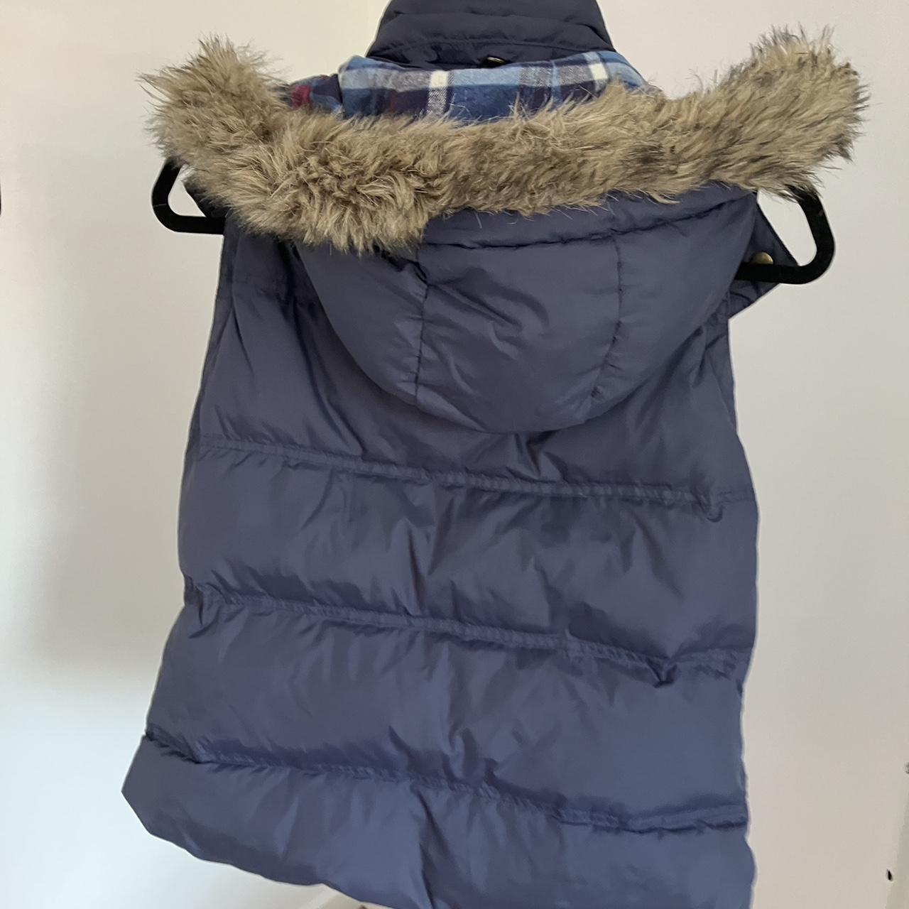 Navy Jack Wills gilet with hood and fur around hood,... - Depop