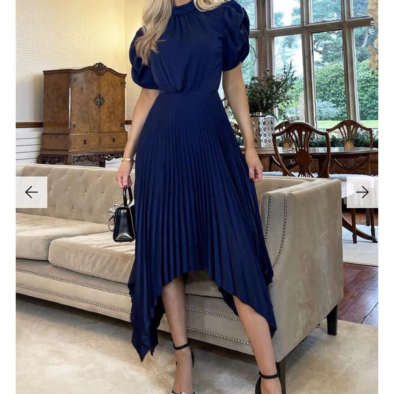 Navy High Neck Puff Sleeve Zig Zag Hem Pleated Midi... - Depop