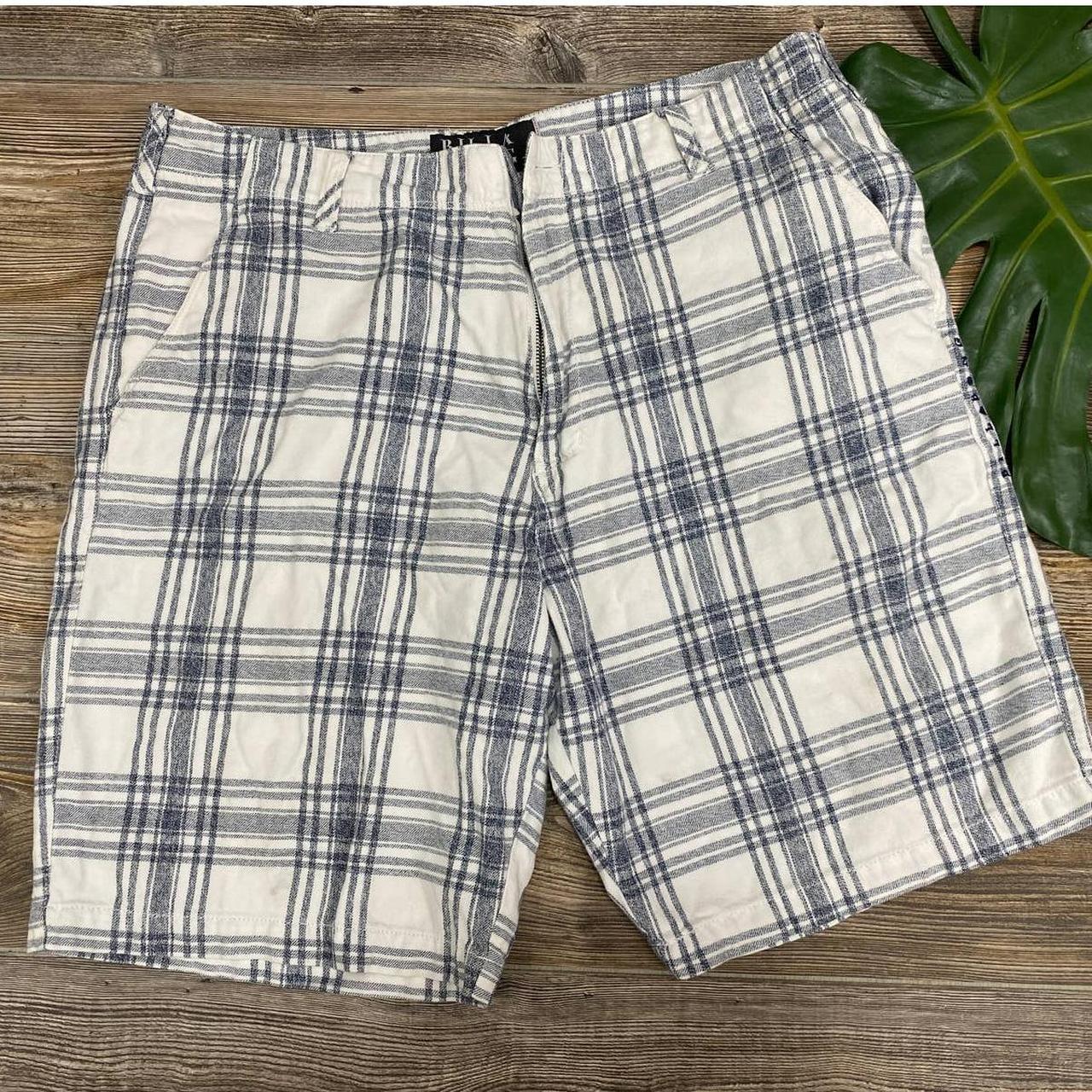 Billabong white and blue plaid shorts. Missing top... - Depop