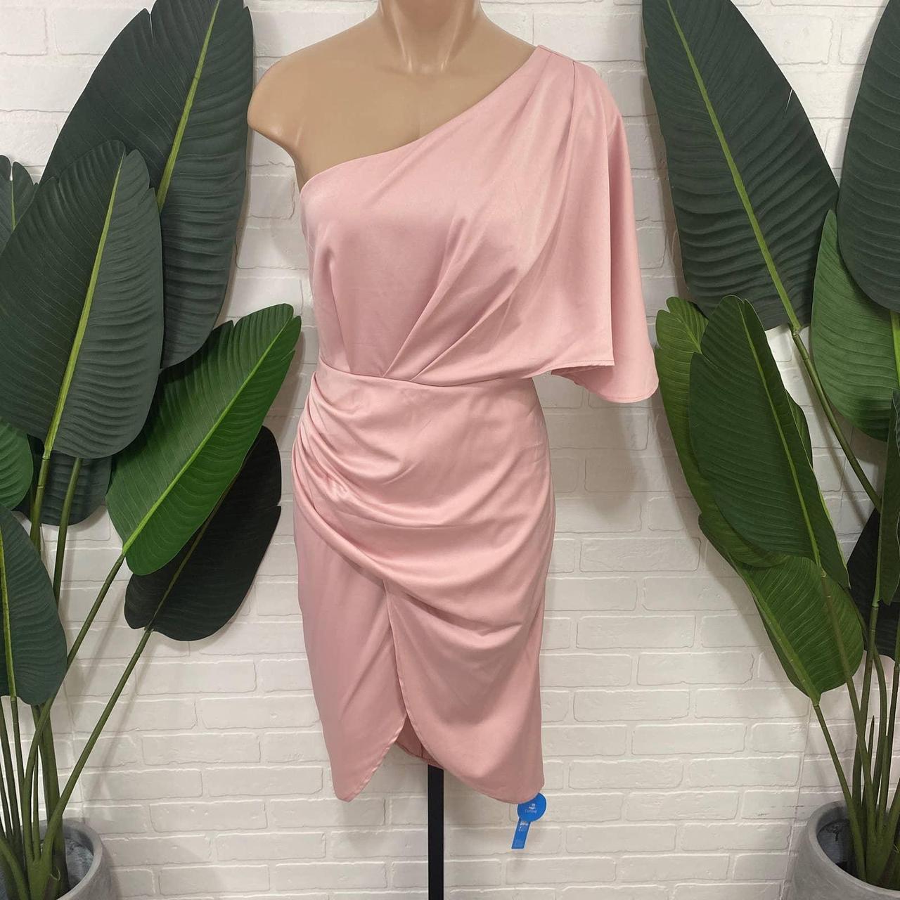 Cupshe one shoulder pink satin overlap wrap midi... - Depop