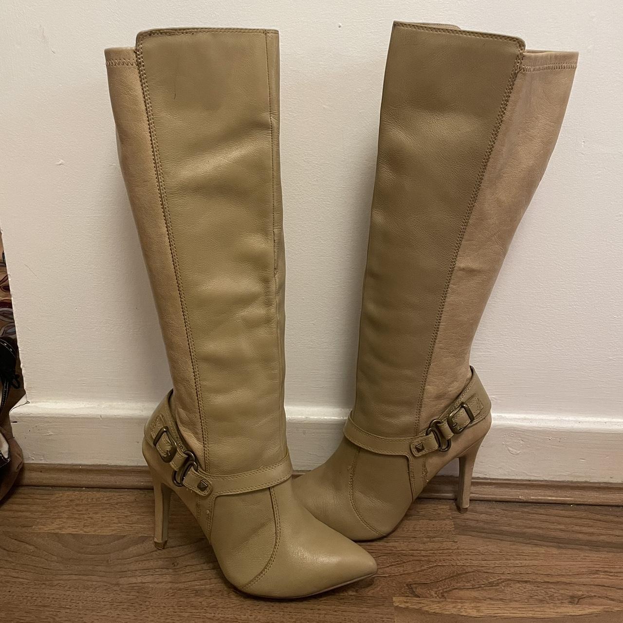 Beige Leather Knee High Pointed Toe Heel Boots Size... - Depop