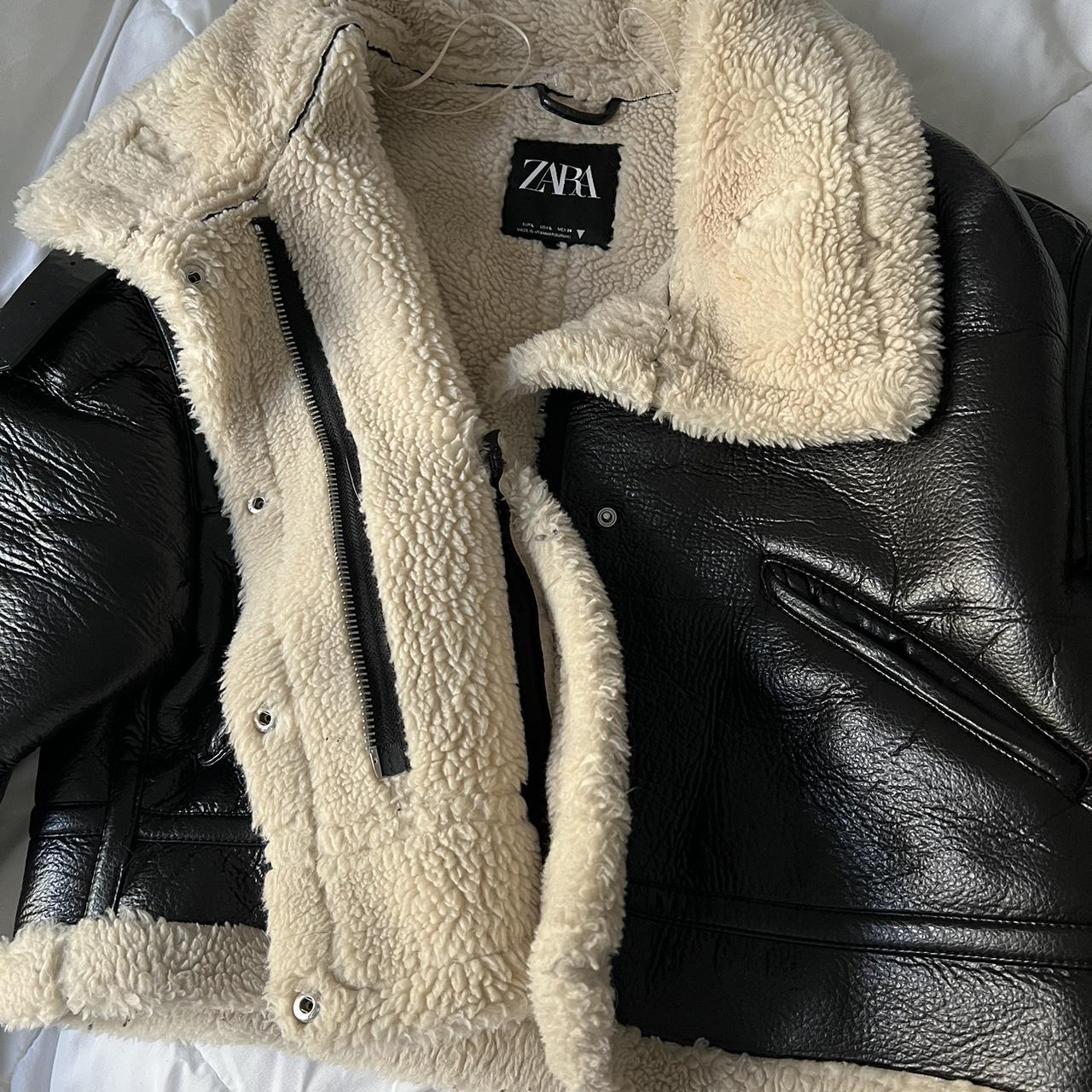 Zara Aviator Leather Jacket in Black/Sherpa - Depop