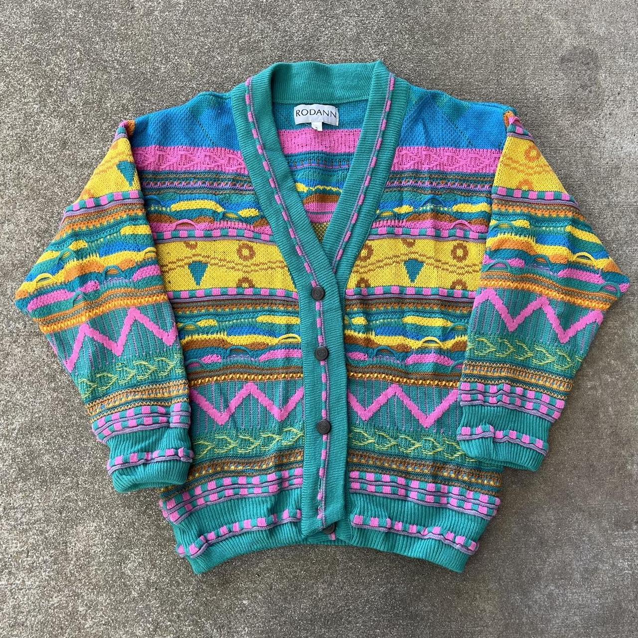 Vintage Coogi Style Cardigan Multi Color 3D Knit... - Depop