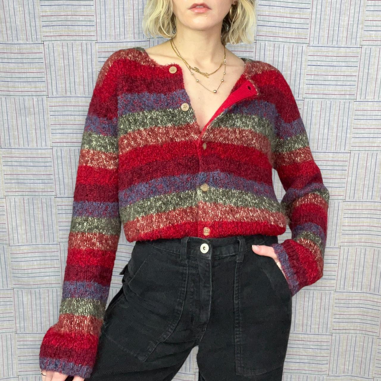 Striped grunge cardigan sweater Y2k fuzzy mohair... - Depop