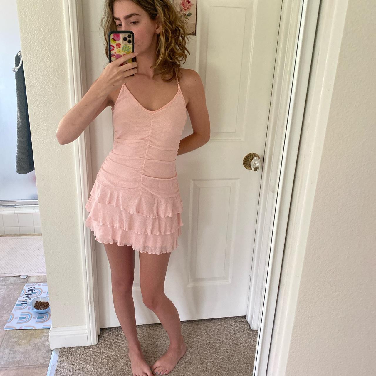 adorable pink ruffle mini dress! -only worn once,... - Depop